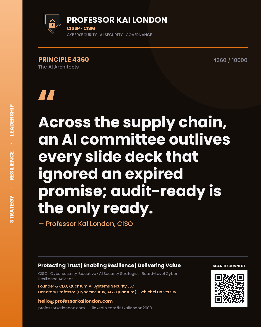 Quote card by Professor Kai London reading 'Across the supply chain, an AI committee outlives every slide deck that ignored an expired promise; audit-ready is the only ready.'. From the book The AI Architects.