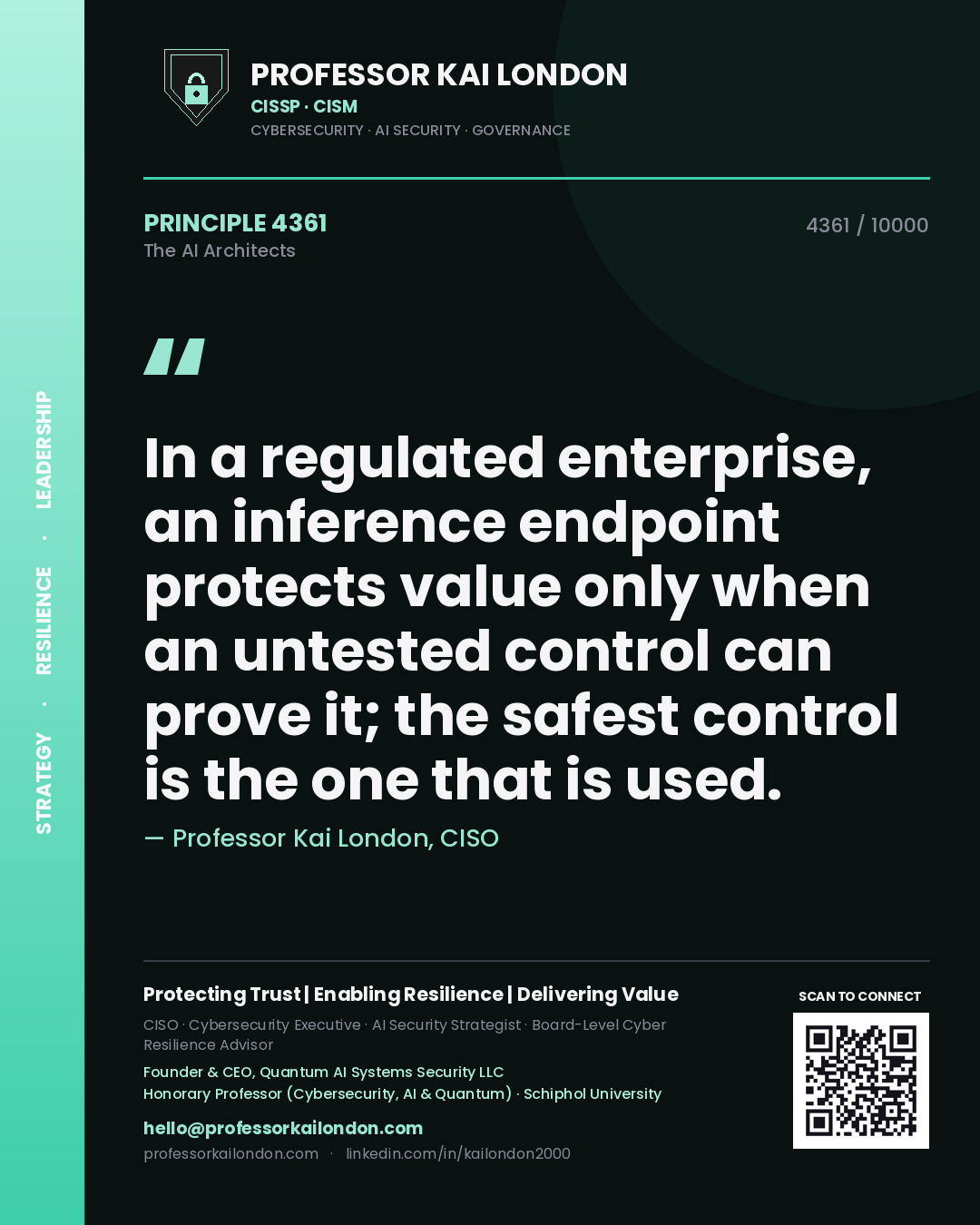 Quote card by Professor Kai London reading 'In a regulated enterprise, an inference endpoint protects value only when an untested control can prove it; the safest control is the one that is used.'. From the book The AI Architects.