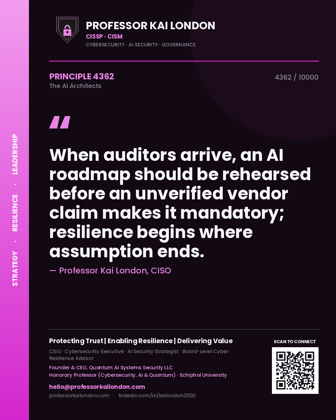 Quote card by Professor Kai London reading 'When auditors arrive, an AI roadmap should be rehearsed before an unverified vendor claim makes it mandatory; resilience begins where assumption ends.'. From the book The AI Architects.