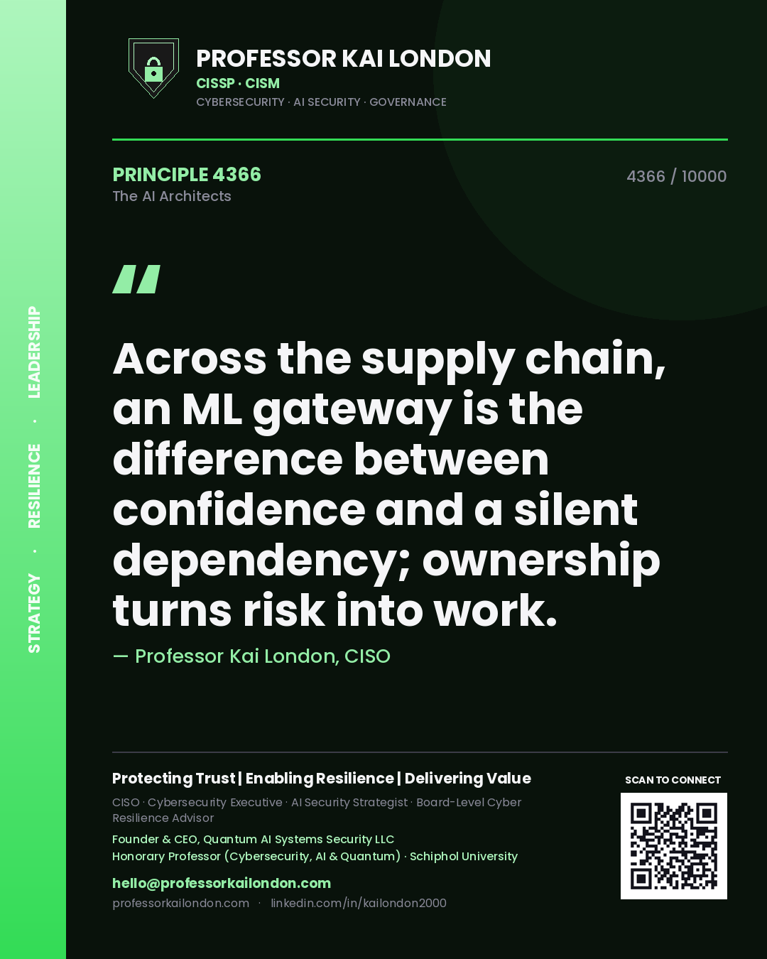 Quote card by Professor Kai London reading 'Across the supply chain, an ML gateway is the difference between confidence and a silent dependency; ownership turns risk into work.'. From the book The AI Architects.