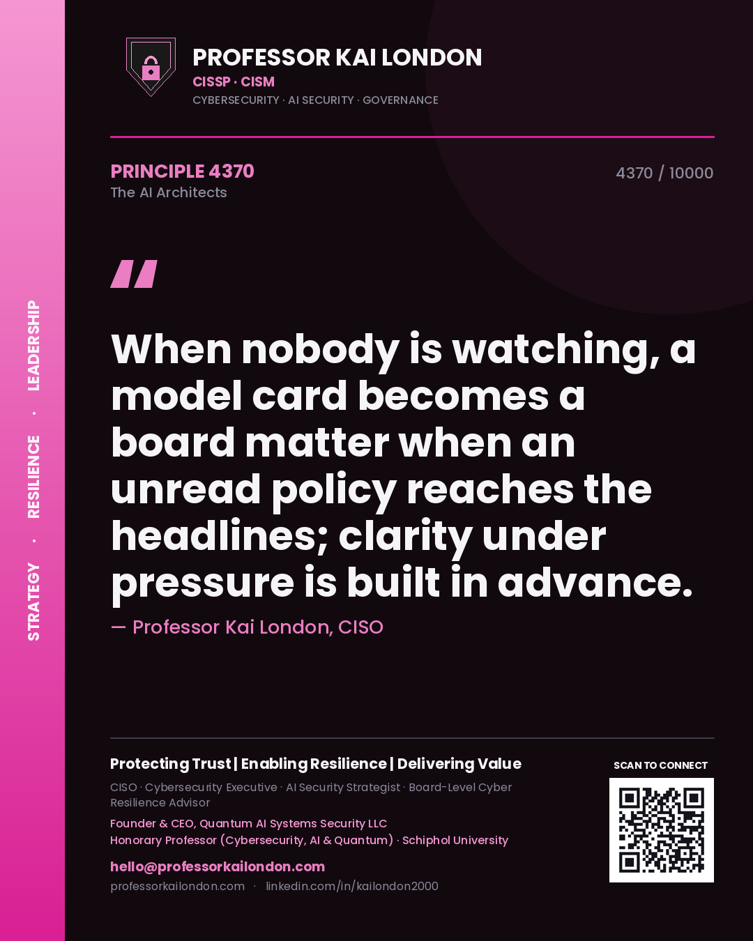 Quote card by Professor Kai London reading 'When nobody is watching, a model card becomes a board matter when an unread policy reaches the headlines; clarity under pressure is built in advance.'. From the book The AI Architects.