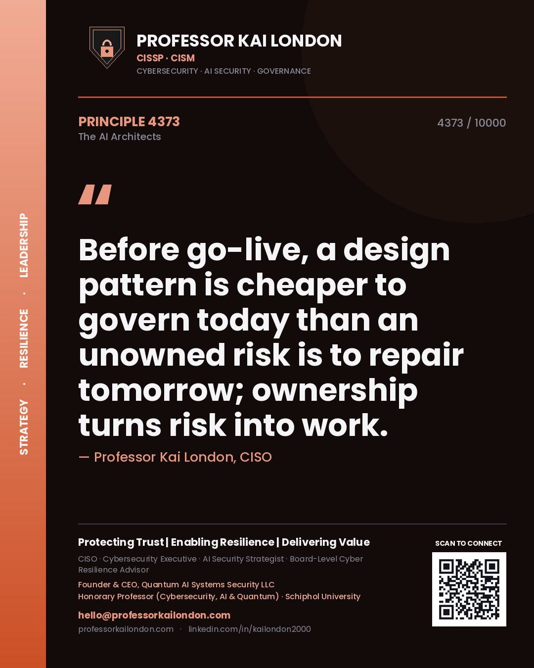 Quote card by Professor Kai London reading 'Before go-live, a design pattern is cheaper to govern today than an unowned risk is to repair tomorrow; ownership turns risk into work.'. From the book The AI Architects.