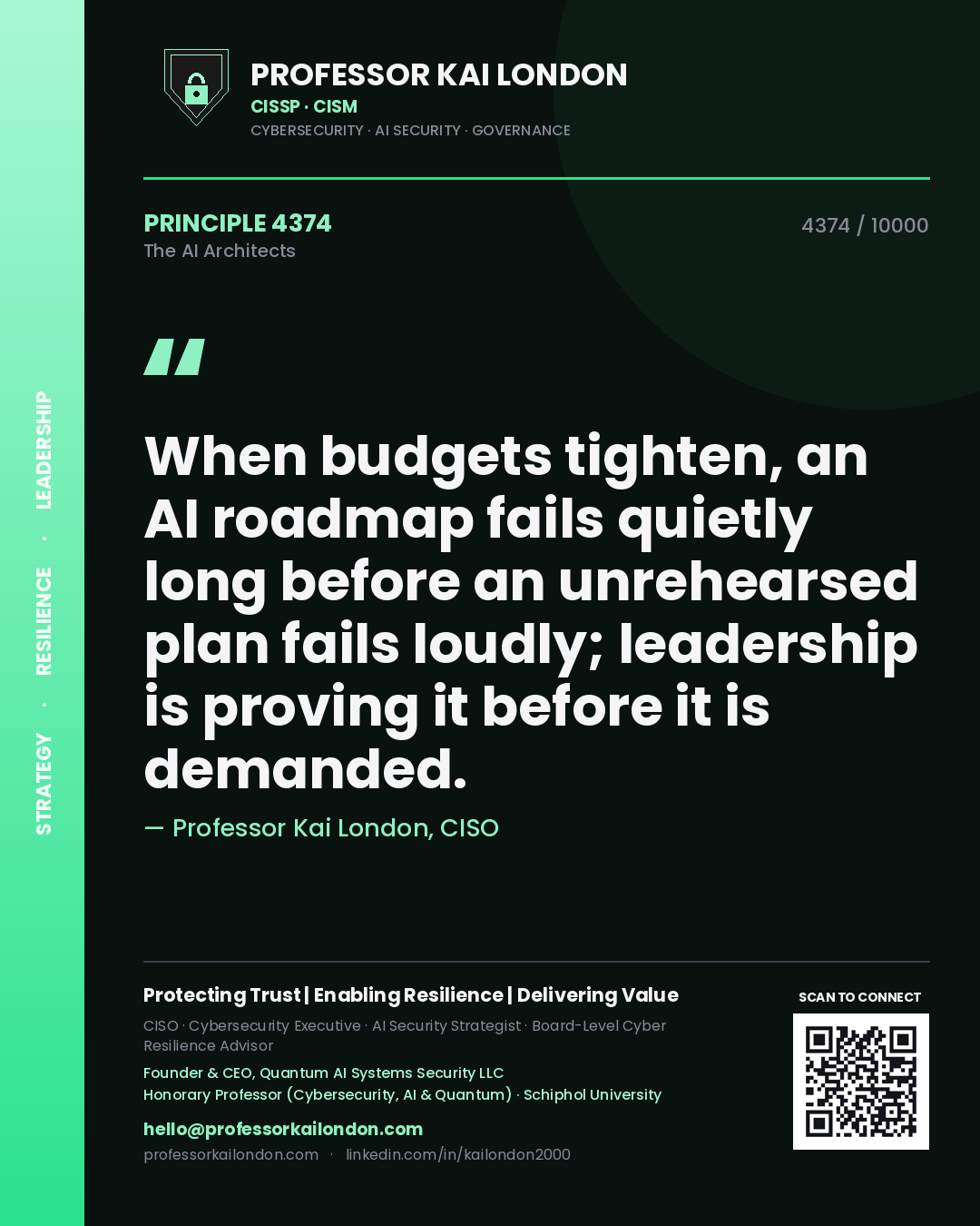 Quote card by Professor Kai London reading 'When budgets tighten, an AI roadmap fails quietly long before an unrehearsed plan fails loudly; leadership is proving it before it is demanded.'. From the book The AI Architects.