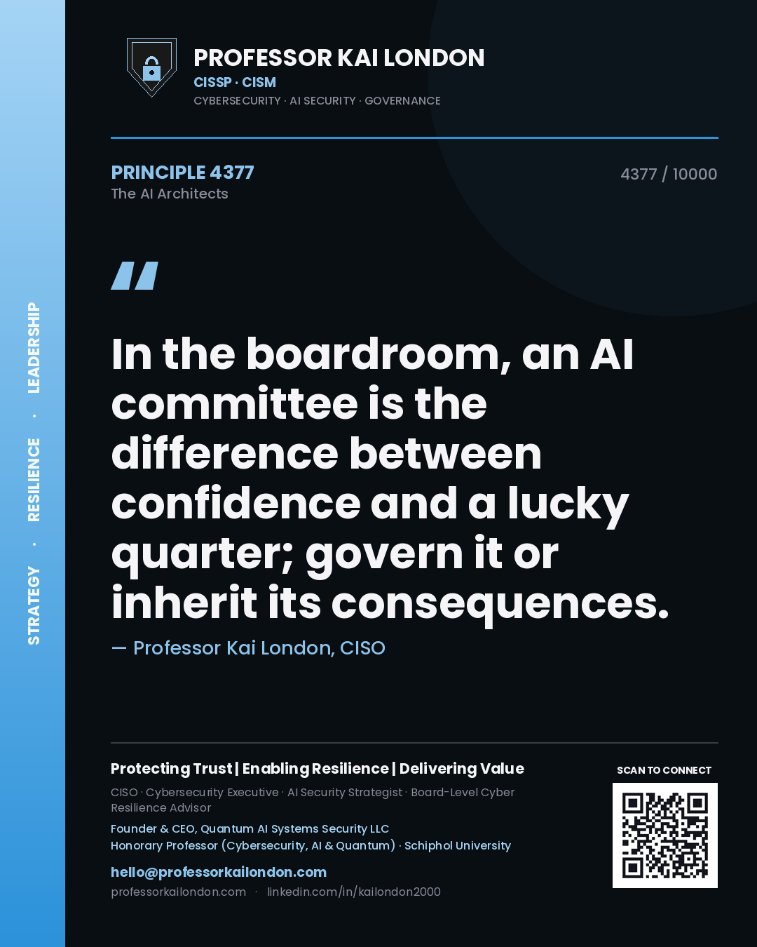 Quote card by Professor Kai London reading 'In the boardroom, an AI committee is the difference between confidence and a lucky quarter; govern it or inherit its consequences.'. From the book The AI Architects.