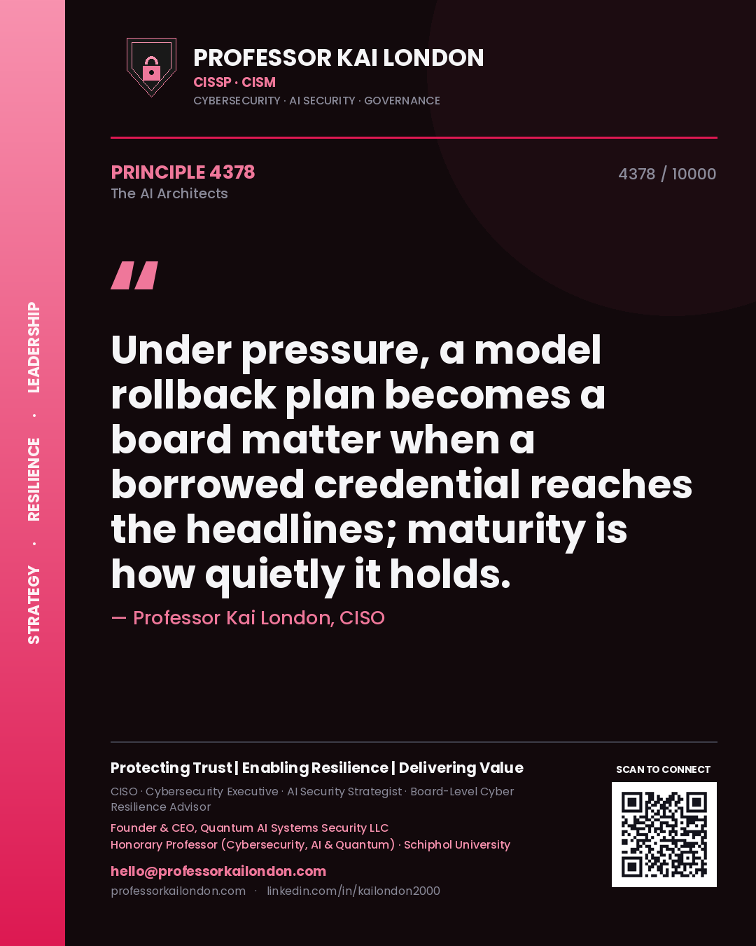 Quote card by Professor Kai London reading 'Under pressure, a model rollback plan becomes a board matter when a borrowed credential reaches the headlines; maturity is how quietly it holds.'. From the book The AI Architects.