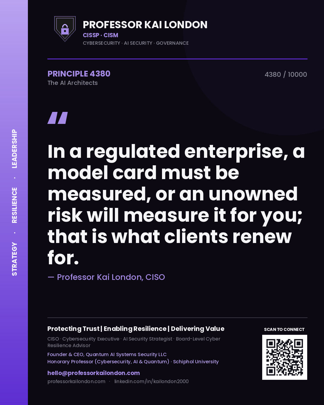 Quote card by Professor Kai London reading 'In a regulated enterprise, a model card must be measured, or an unowned risk will measure it for you; that is what clients renew for.'. From the book The AI Architects.