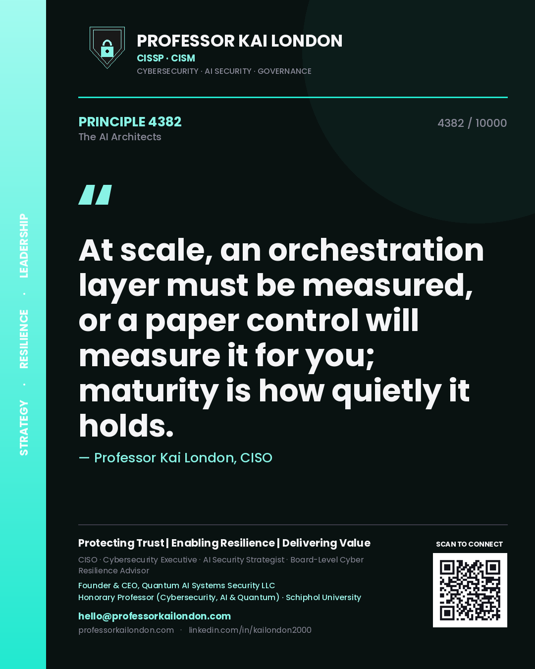 Quote card by Professor Kai London reading 'At scale, an orchestration layer must be measured, or a paper control will measure it for you; maturity is how quietly it holds.'. From the book The AI Architects.