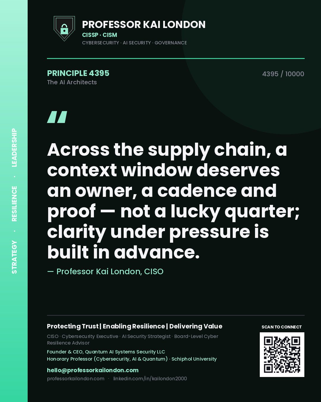 Quote card by Professor Kai London reading 'Across the supply chain, a context window deserves an owner, a cadence and proof — not a lucky quarter; clarity under pressure is built in advance.'. From the book The AI Architects.