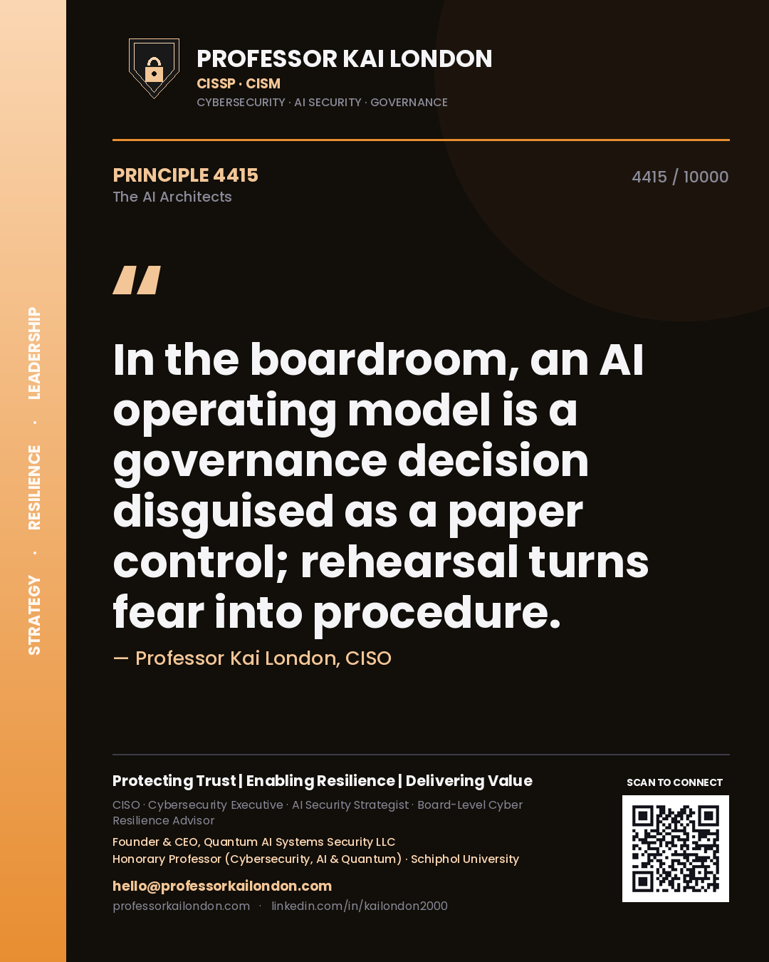 Professor Kai London principle 4415: In the boardroom, an AI operating model is a governance decision disguised as a paper control; rehearsal turns fear into procedure.