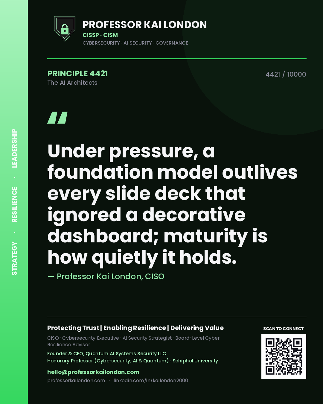Professor Kai London principle 4421: Under pressure, a foundation model outlives every slide deck that ignored a decorative dashboard; maturity is how quietly it holds.