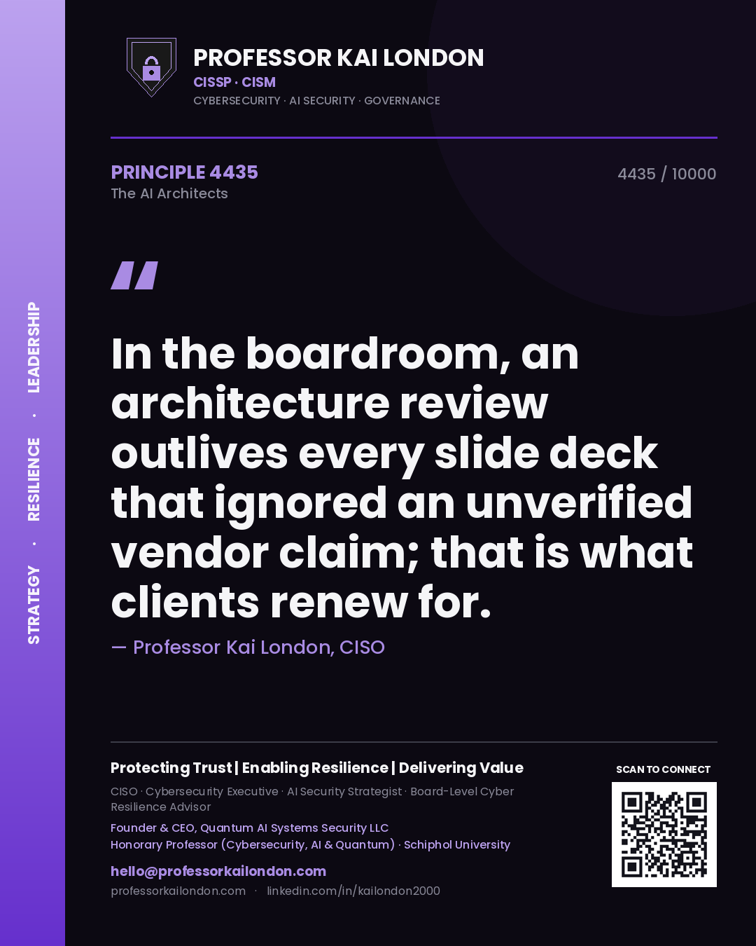 Quote card by Professor Kai London reading 'In the boardroom, an architecture review outlives every slide deck that ignored an unverified vendor claim; that is what clients renew for.'. From the book The AI Architects.