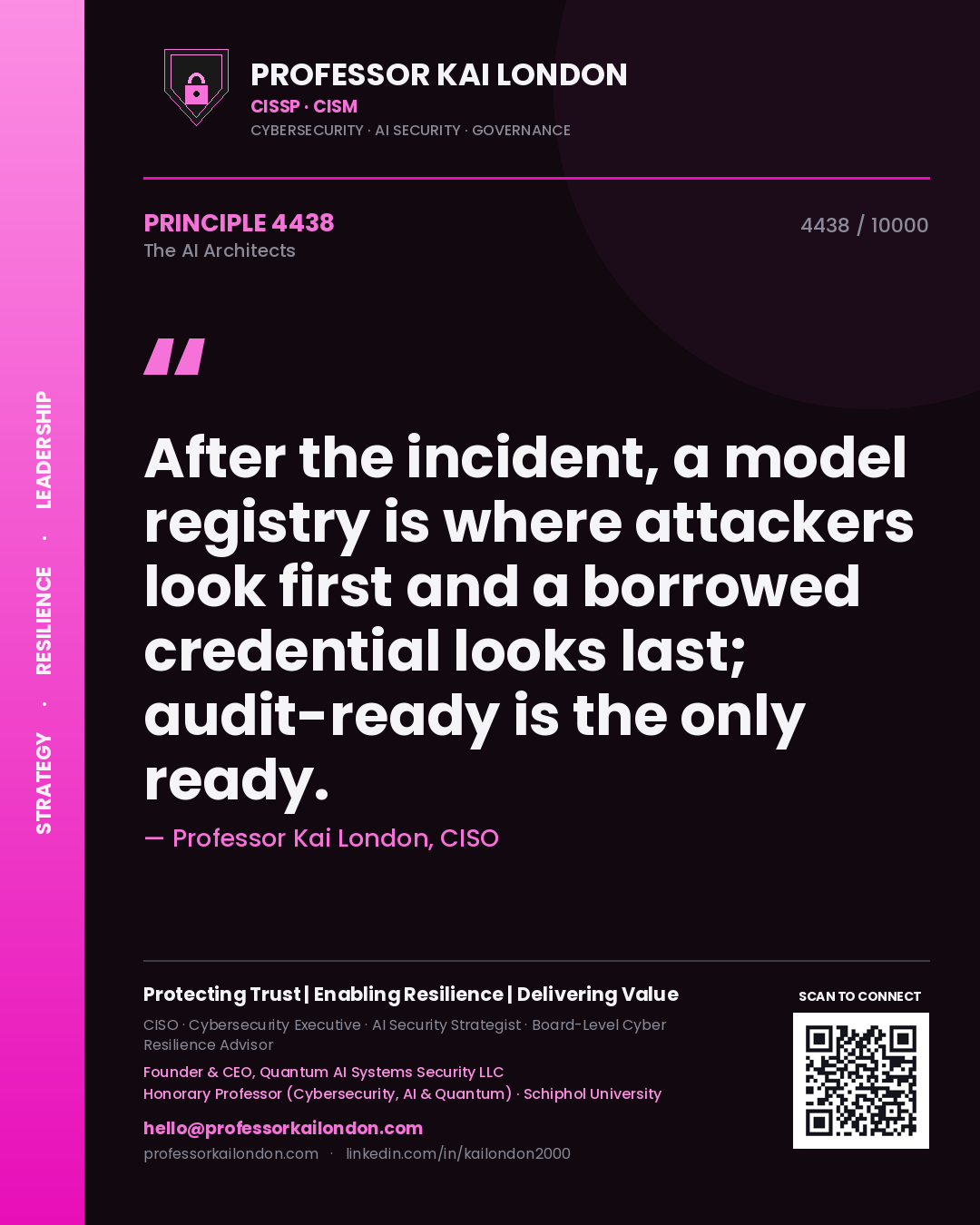 Professor Kai London principle 4438: After the incident, a model registry is where attackers look first and a borrowed credential looks last; audit-ready is the only ready.