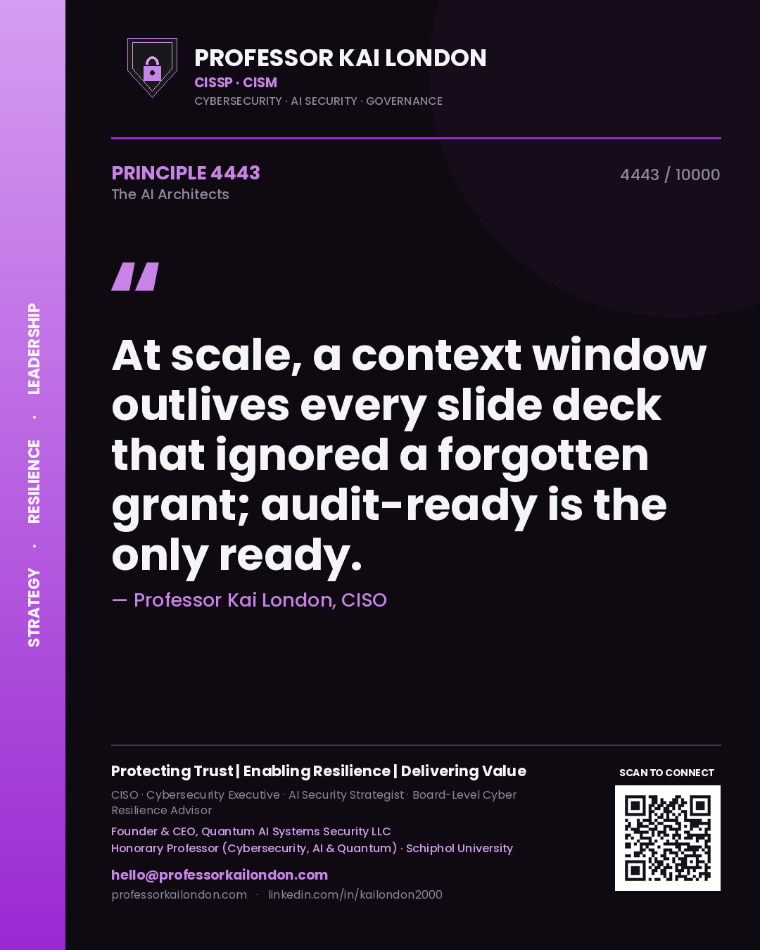 Professor Kai London principle 4443: At scale, a context window outlives every slide deck that ignored a forgotten grant; audit-ready is the only ready.