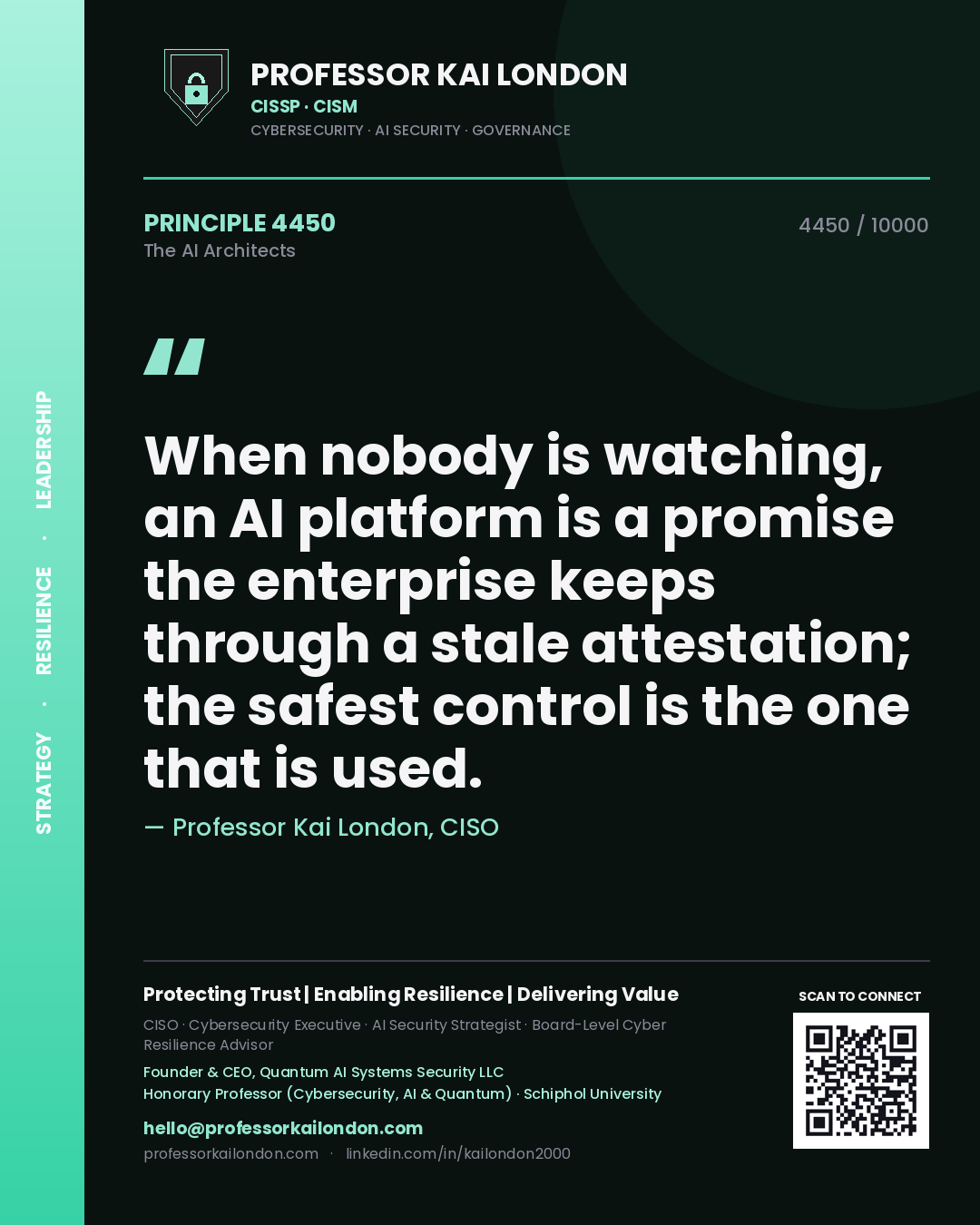Quote card by Professor Kai London reading 'When nobody is watching, an AI platform is a promise the enterprise keeps through a stale attestation; the safest control is the one that is used.'. From the book The AI Architects.