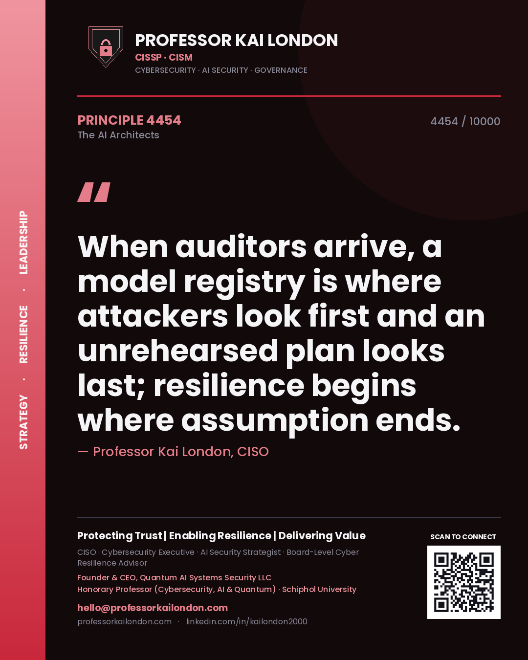 Professor Kai London principle 4454: When auditors arrive, a model registry is where attackers look first and an unrehearsed plan looks last; resilience begins where assumption ends.