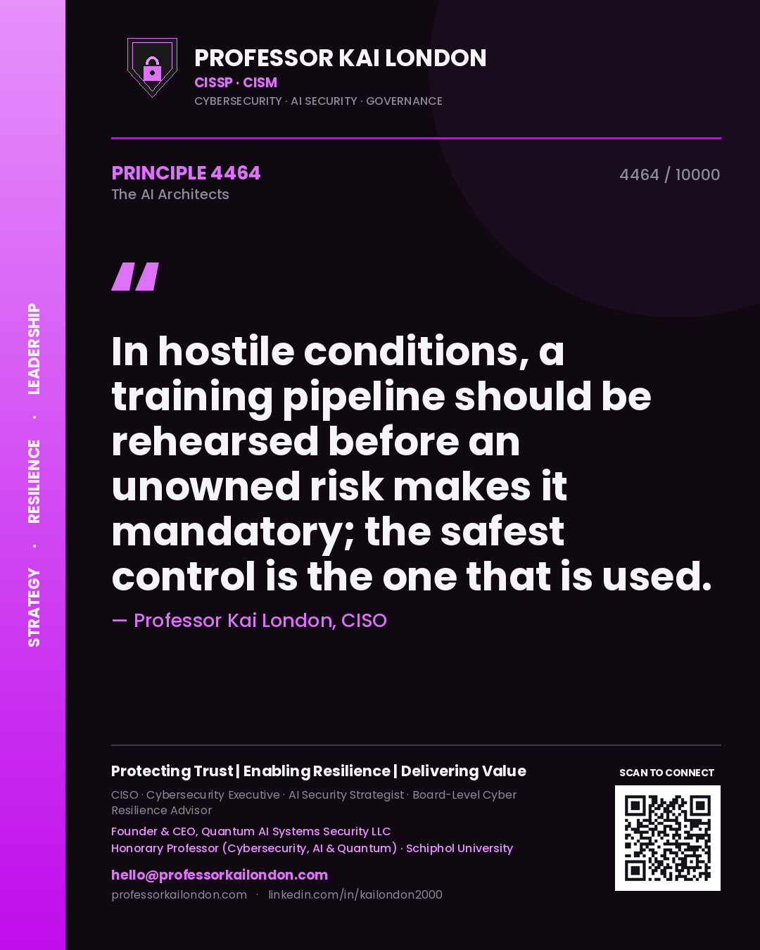 Professor Kai London principle 4464: In hostile conditions, a training pipeline should be rehearsed before an unowned risk makes it mandatory; the safest control is the one that is used.