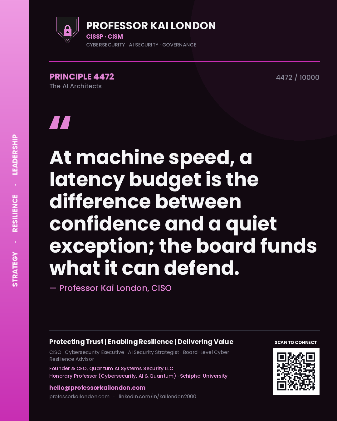 Professor Kai London principle 4472: At machine speed, a latency budget is the difference between confidence and a quiet exception; the board funds what it can defend.