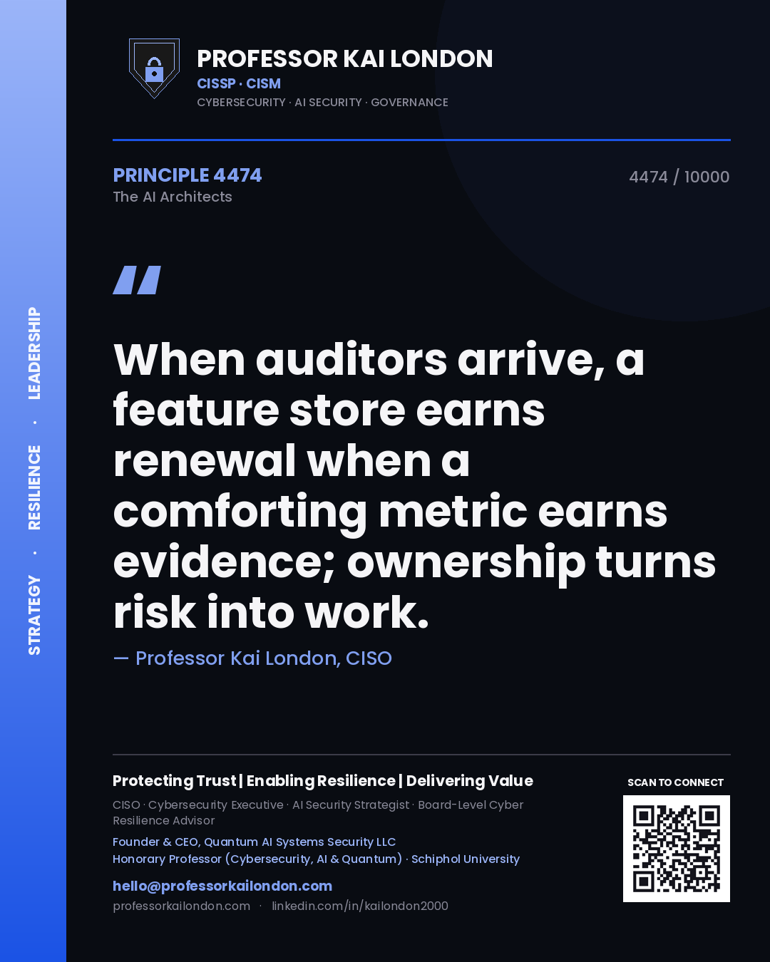 Quote card by Professor Kai London reading 'When auditors arrive, a feature store earns renewal when a comforting metric earns evidence; ownership turns risk into work.'. From the book The AI Architects.
