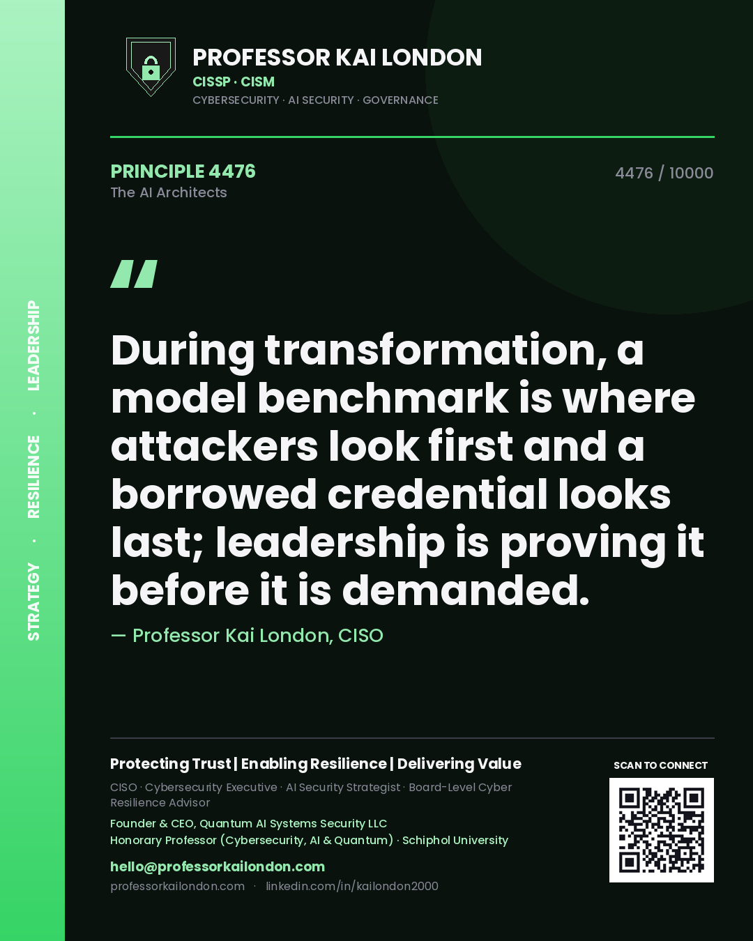 Quote card by Professor Kai London reading 'During transformation, a model benchmark is where attackers look first and a borrowed credential looks last; leadership is proving it before it is demanded.'. From the book The AI Architects.
