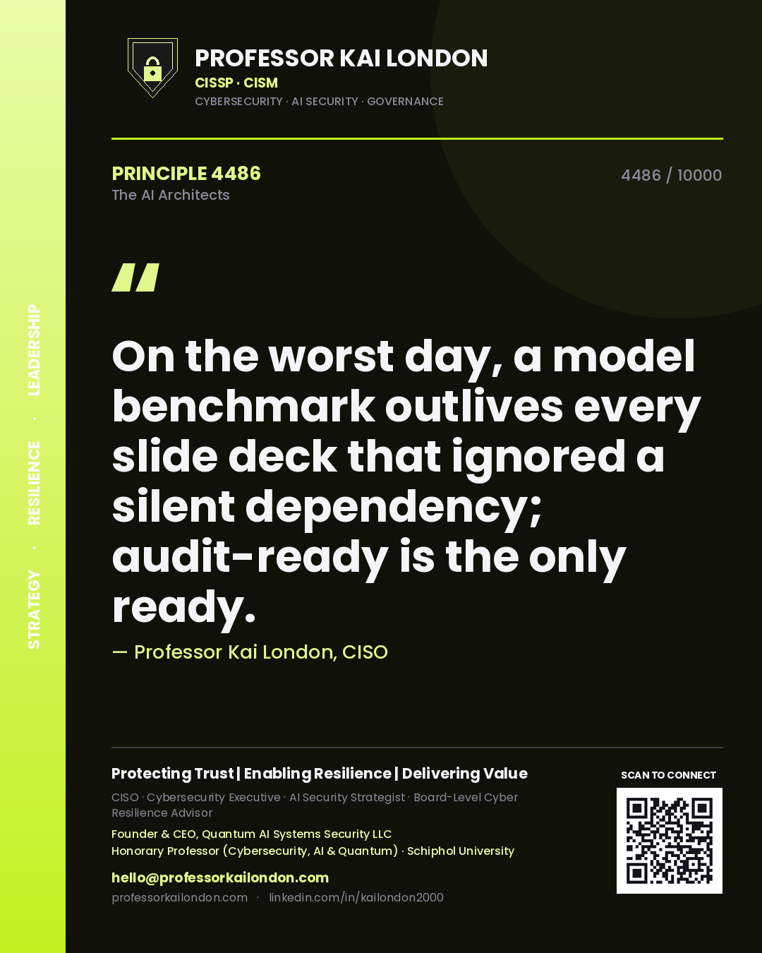 Quote card by Professor Kai London reading 'On the worst day, a model benchmark outlives every slide deck that ignored a silent dependency; audit-ready is the only ready.'. From the book The AI Architects.