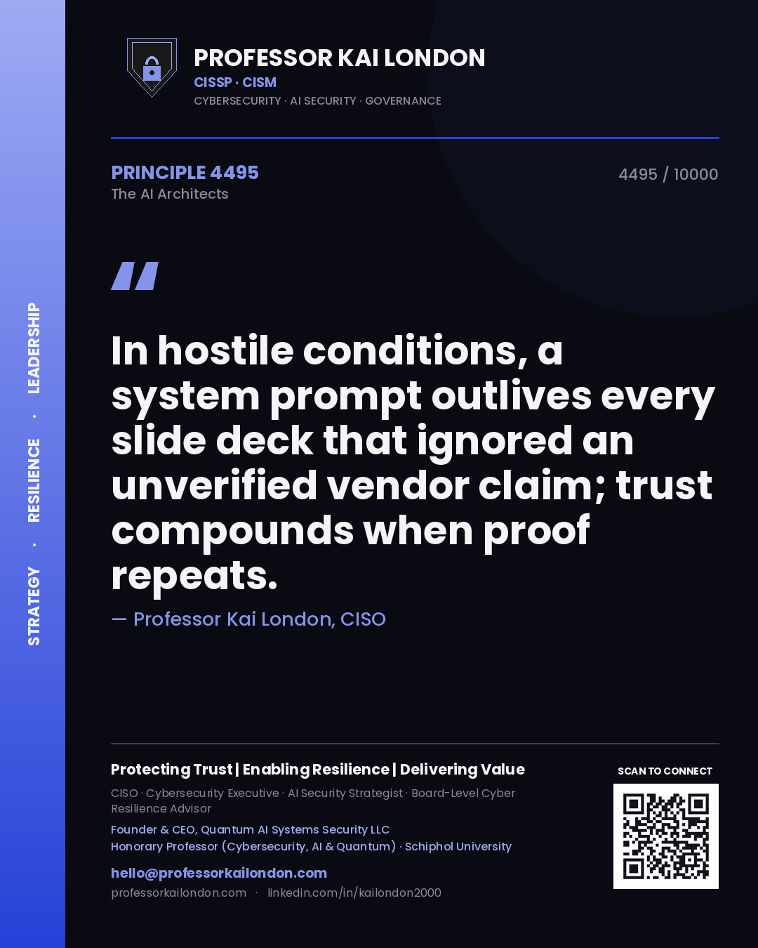 Quote card by Professor Kai London reading 'In hostile conditions, a system prompt outlives every slide deck that ignored an unverified vendor claim; trust compounds when proof repeats.'. From the book The AI Architects.