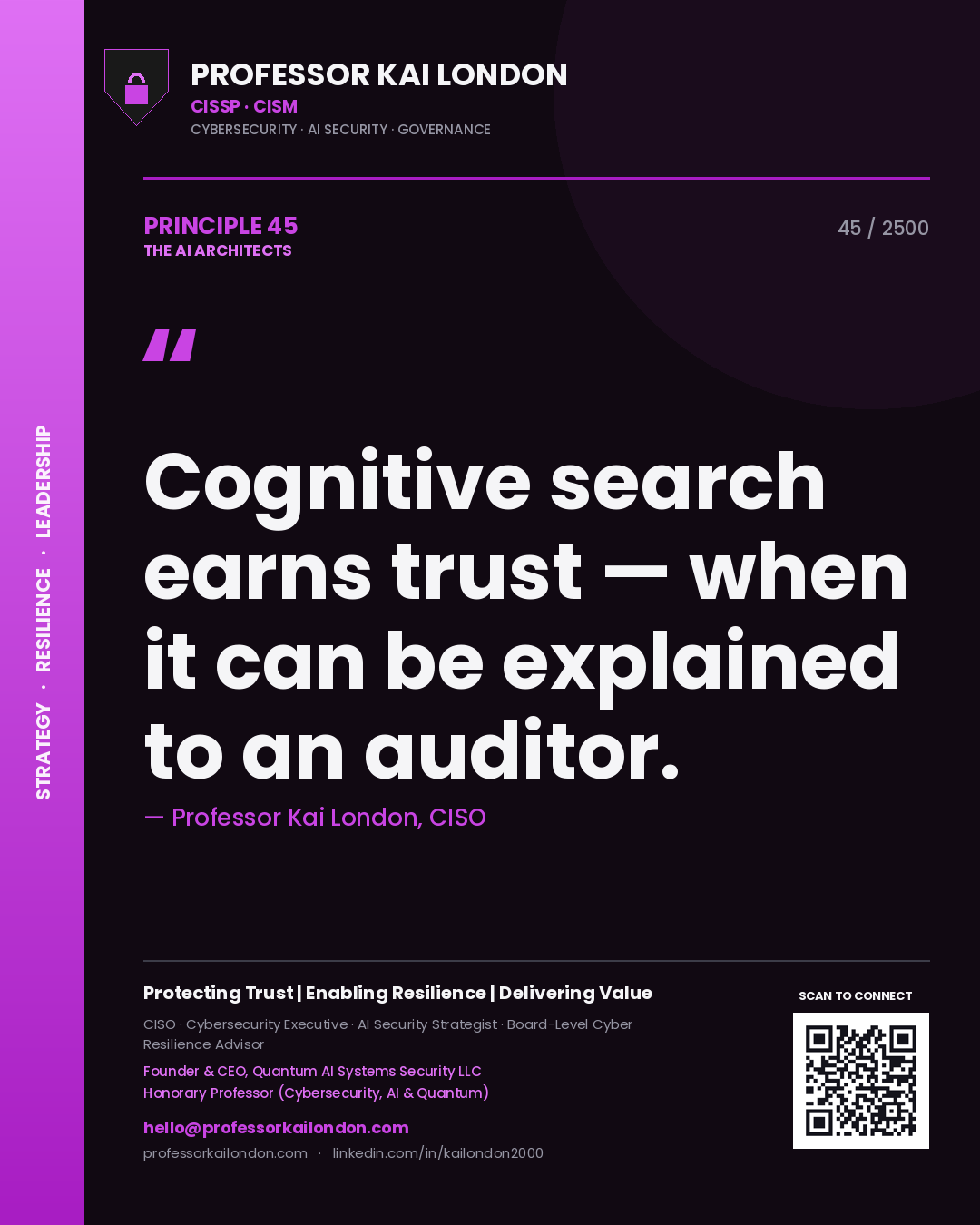 Quote card by Professor Kai London reading 'Cognitive search earns trust — when it can be explained to an auditor.'. From the book The AI Architects.