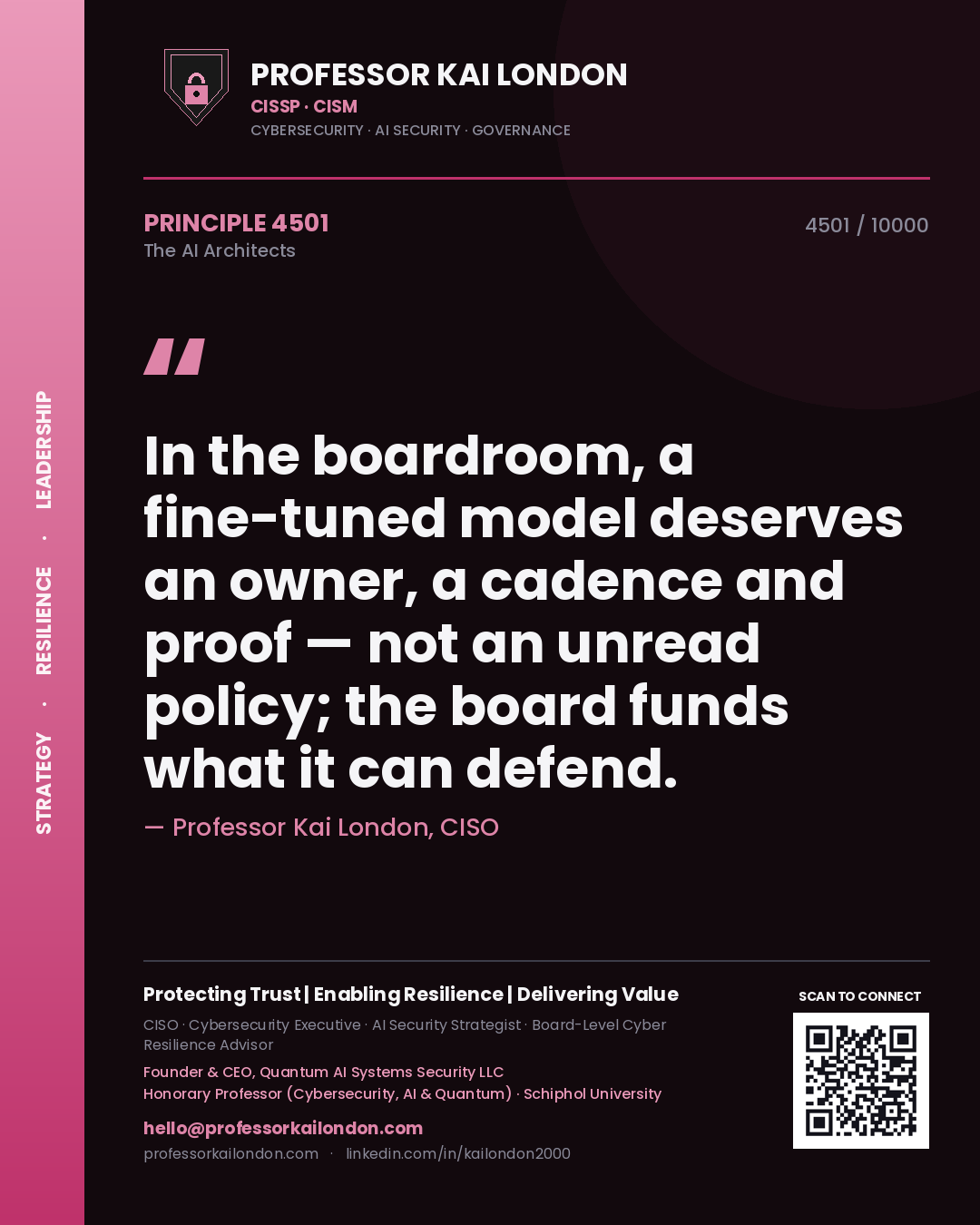 Quote card by Professor Kai London reading 'In the boardroom, a fine-tuned model deserves an owner, a cadence and proof — not an unread policy; the board funds what it can defend.'. From the book The AI Architects.