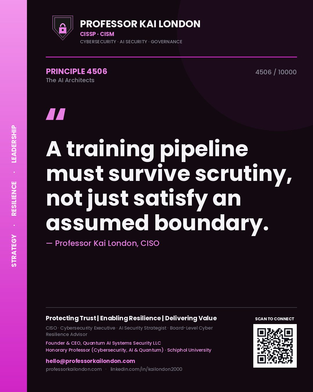 Quote card by Professor Kai London reading 'A training pipeline must survive scrutiny, not just satisfy an assumed boundary.'. From the book The AI Architects.