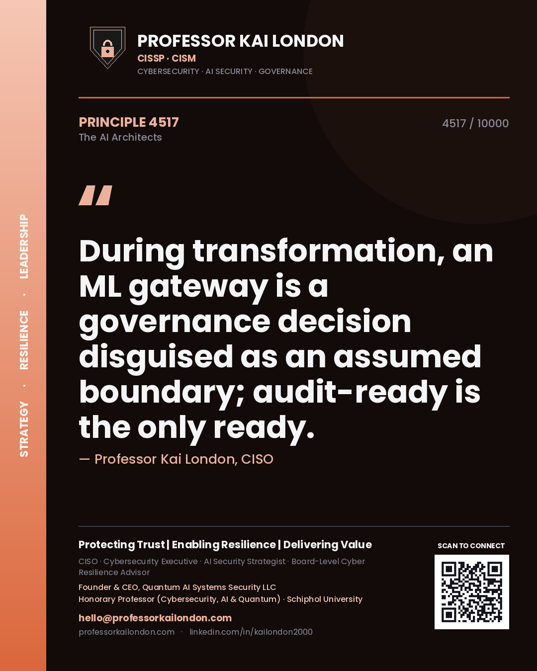 Quote card by Professor Kai London reading 'During transformation, an ML gateway is a governance decision disguised as an assumed boundary; audit-ready is the only ready.'. From the book The AI Architects.