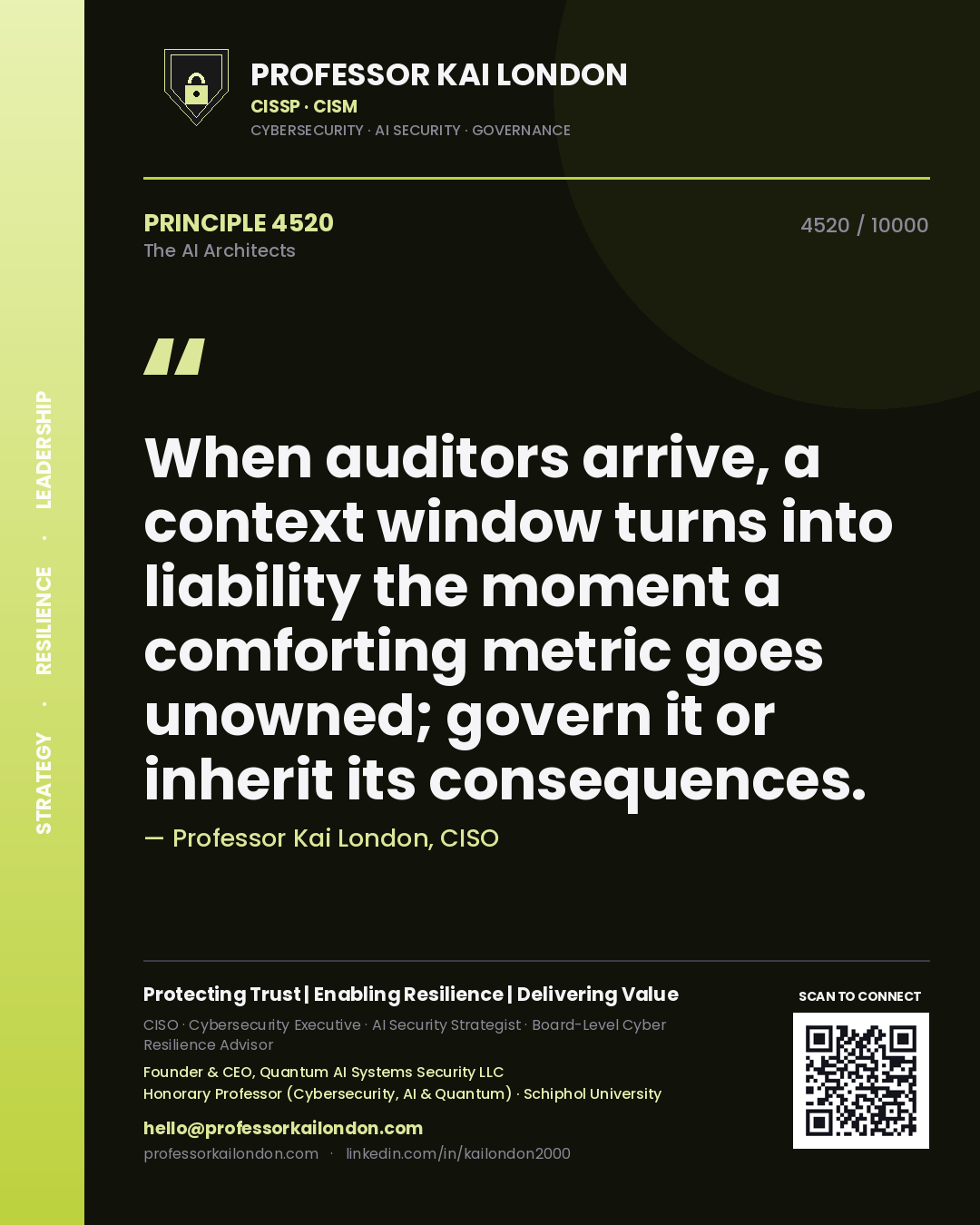 Quote card by Professor Kai London reading 'When auditors arrive, a context window turns into liability the moment a comforting metric goes unowned; govern it or inherit its consequences.'. From the book The AI Architects.