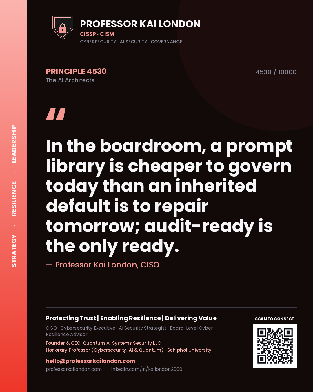 Quote card by Professor Kai London reading 'In the boardroom, a prompt library is cheaper to govern today than an inherited default is to repair tomorrow; audit-ready is the only ready.'. From the book The AI Architects.