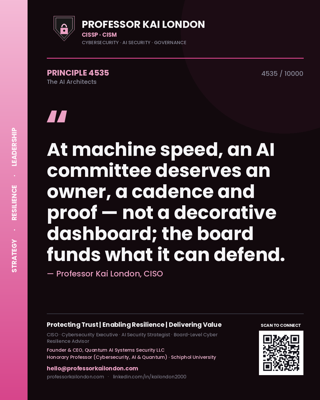 Quote card by Professor Kai London reading 'At machine speed, an AI committee deserves an owner, a cadence and proof — not a decorative dashboard; the board funds what it can defend.'. From the book The AI Architects.