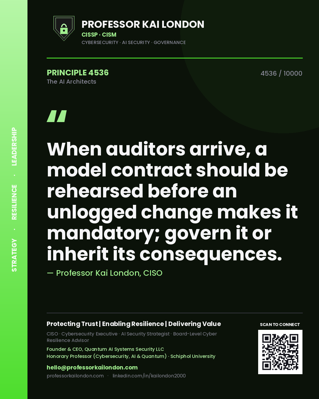 Quote card by Professor Kai London reading 'When auditors arrive, a model contract should be rehearsed before an unlogged change makes it mandatory; govern it or inherit its consequences.'. From the book The AI Architects.