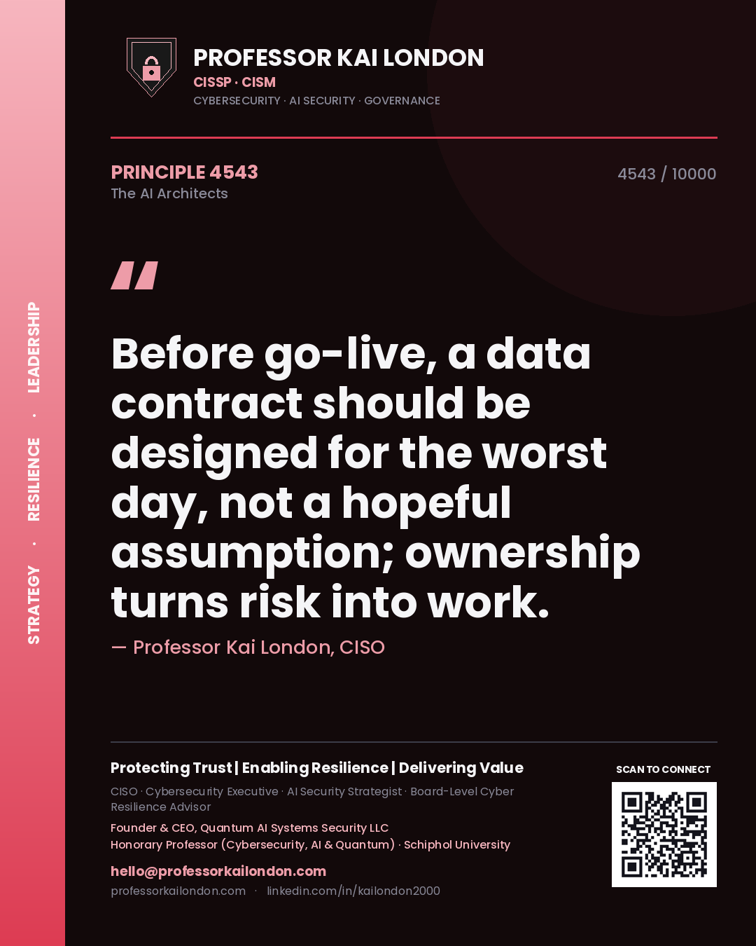 Quote card by Professor Kai London reading 'Before go-live, a data contract should be designed for the worst day, not a hopeful assumption; ownership turns risk into work.'. From the book The AI Architects.