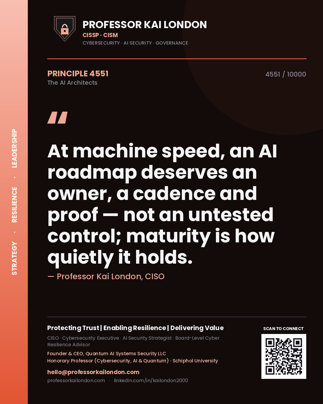 Quote card by Professor Kai London reading 'At machine speed, an AI roadmap deserves an owner, a cadence and proof — not an untested control; maturity is how quietly it holds.'. From the book The AI Architects.