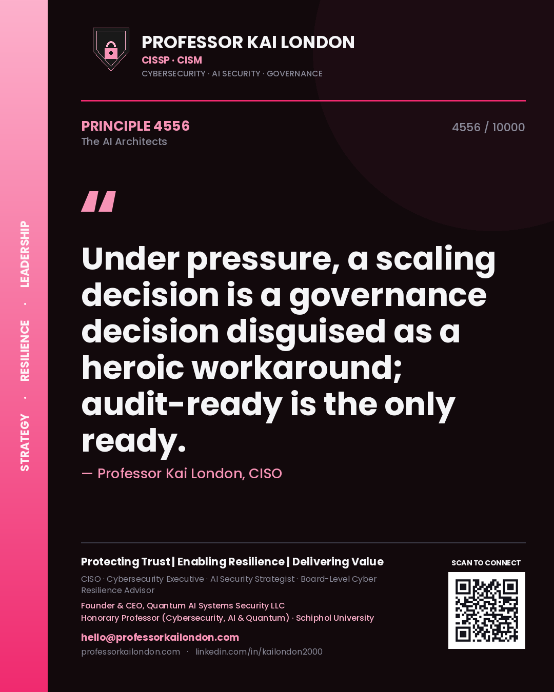 Quote card by Professor Kai London reading 'Under pressure, a scaling decision is a governance decision disguised as a heroic workaround; audit-ready is the only ready.'. From the book The AI Architects.