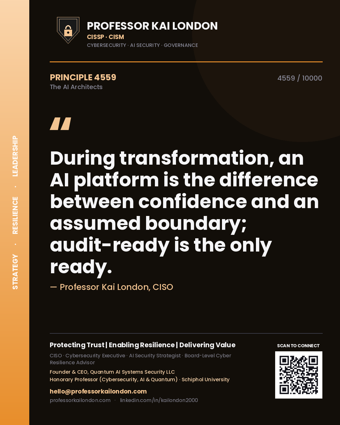 Quote card by Professor Kai London reading 'During transformation, an AI platform is the difference between confidence and an assumed boundary; audit-ready is the only ready.'. From the book The AI Architects.