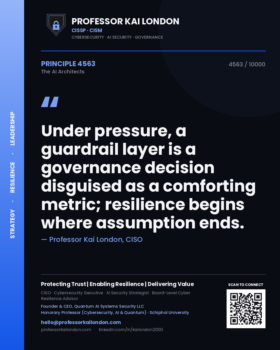 Quote card by Professor Kai London reading 'Under pressure, a guardrail layer is a governance decision disguised as a comforting metric; resilience begins where assumption ends.'. From the book The AI Architects.