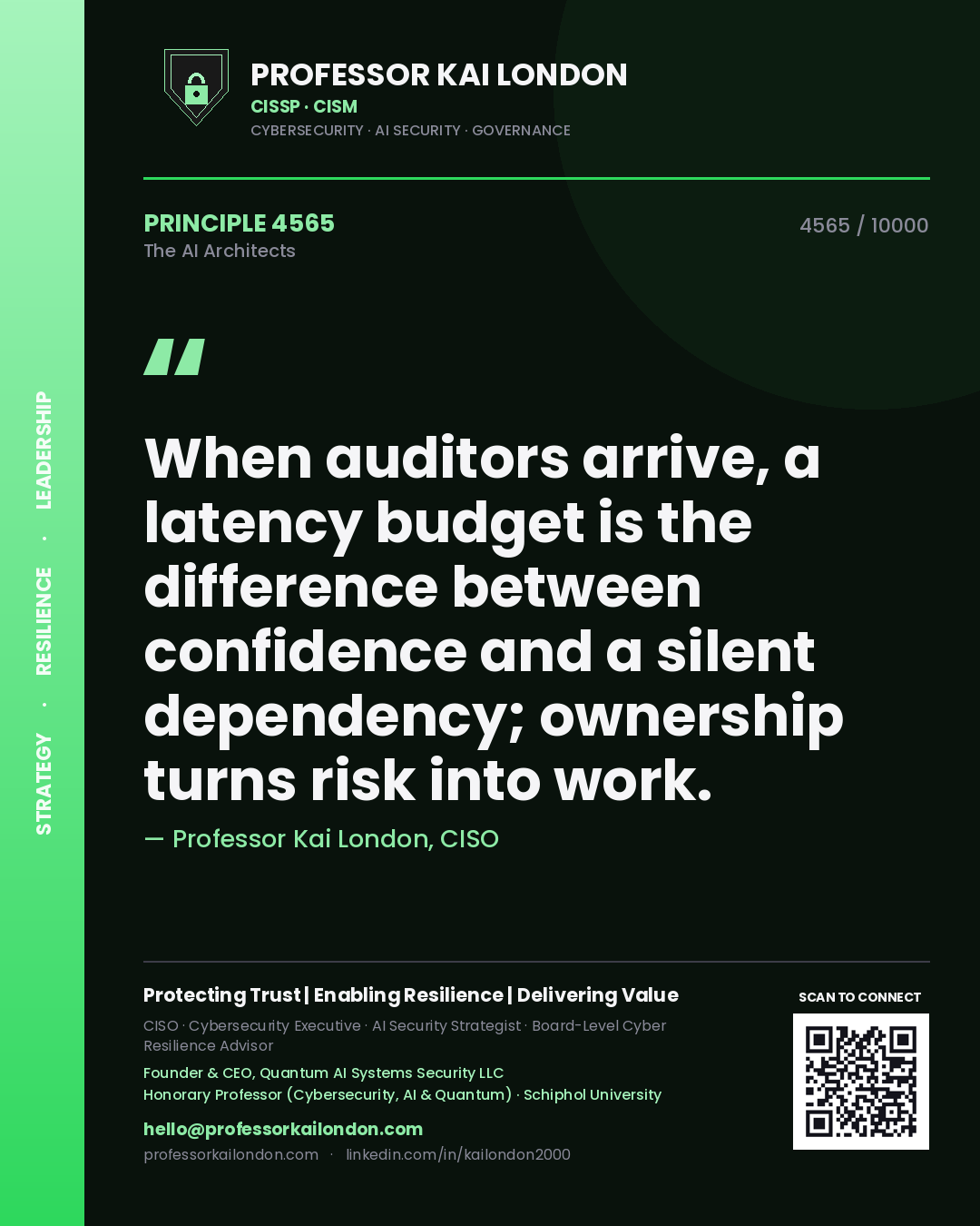 Quote card by Professor Kai London reading 'When auditors arrive, a latency budget is the difference between confidence and a silent dependency; ownership turns risk into work.'. From the book The AI Architects.
