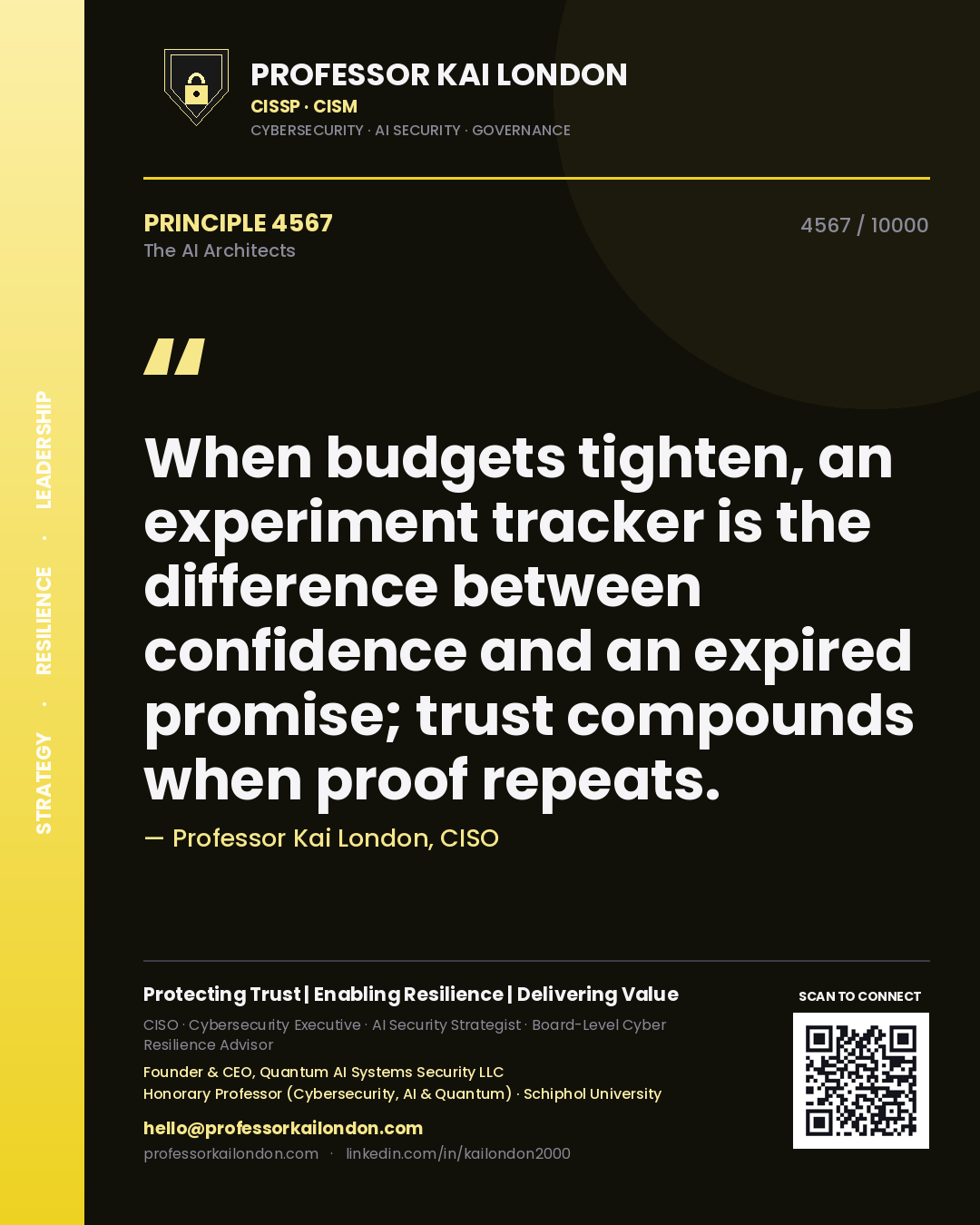 Quote card by Professor Kai London reading 'When budgets tighten, an experiment tracker is the difference between confidence and an expired promise; trust compounds when proof repeats.'. From the book The AI Architects.