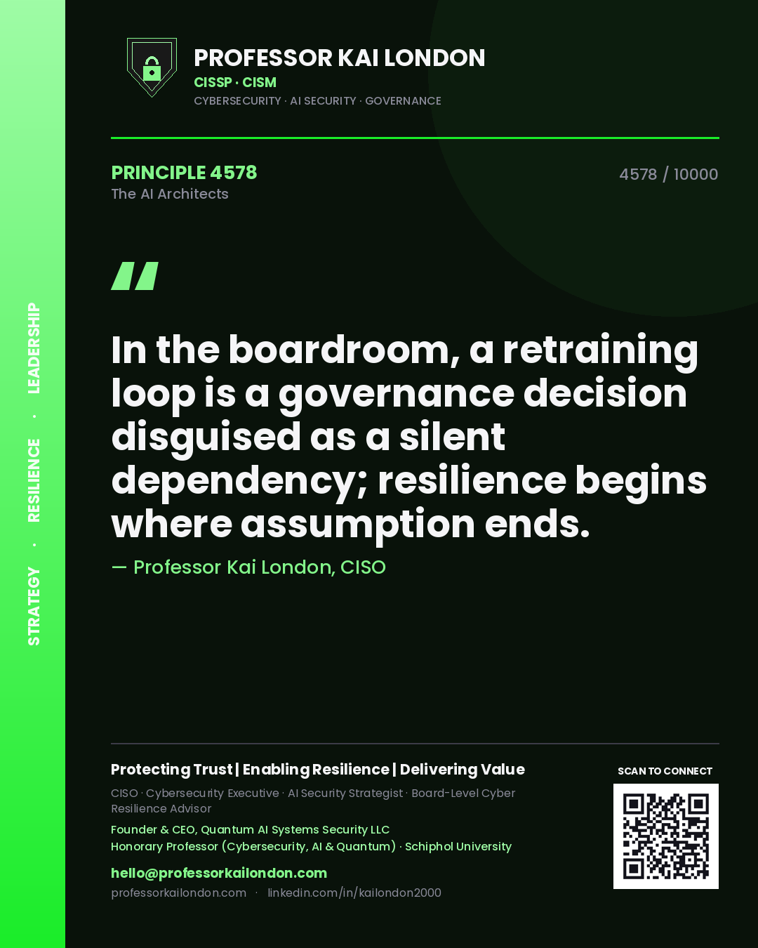 Quote card by Professor Kai London reading 'In the boardroom, a retraining loop is a governance decision disguised as a silent dependency; resilience begins where assumption ends.'. From the book The AI Architects.
