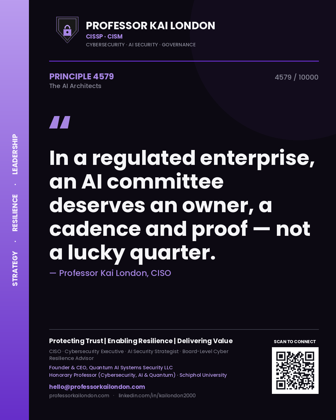 Quote card by Professor Kai London reading 'In a regulated enterprise, an AI committee deserves an owner, a cadence and proof — not a lucky quarter.'. From the book The AI Architects.