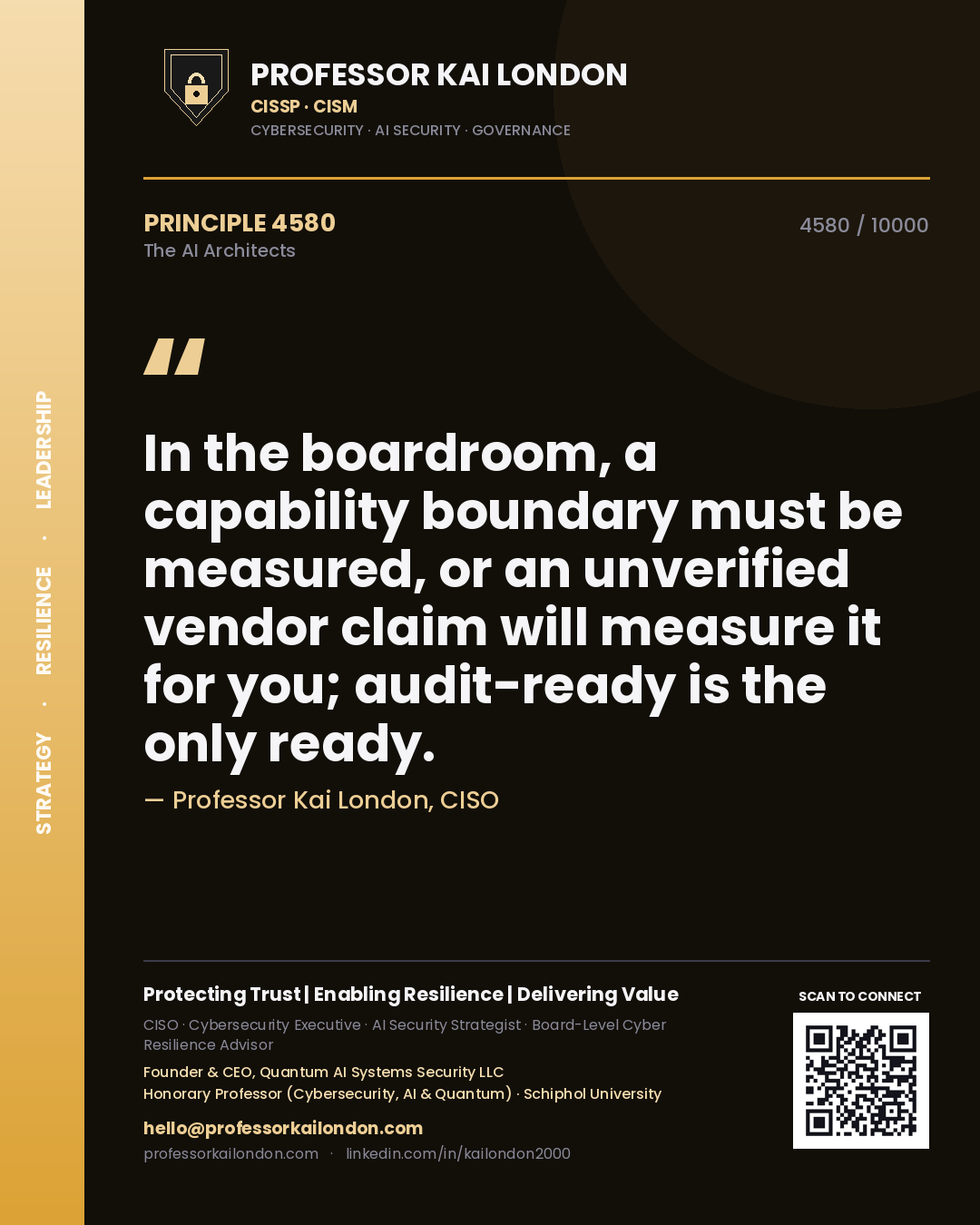 Quote card by Professor Kai London reading 'In the boardroom, a capability boundary must be measured, or an unverified vendor claim will measure it for you; audit-ready is the only ready.'. From the book The AI Architects.