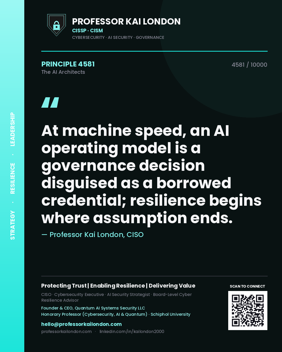 Quote card by Professor Kai London reading 'At machine speed, an AI operating model is a governance decision disguised as a borrowed credential; resilience begins where assumption ends.'. From the book The AI Architects.