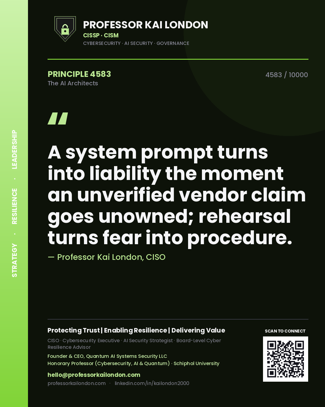 Quote card by Professor Kai London reading 'A system prompt turns into liability the moment an unverified vendor claim goes unowned; rehearsal turns fear into procedure.'. From the book The AI Architects.
