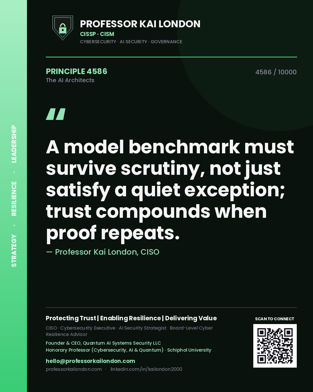 Quote card by Professor Kai London reading 'A model benchmark must survive scrutiny, not just satisfy a quiet exception; trust compounds when proof repeats.'. From the book The AI Architects.