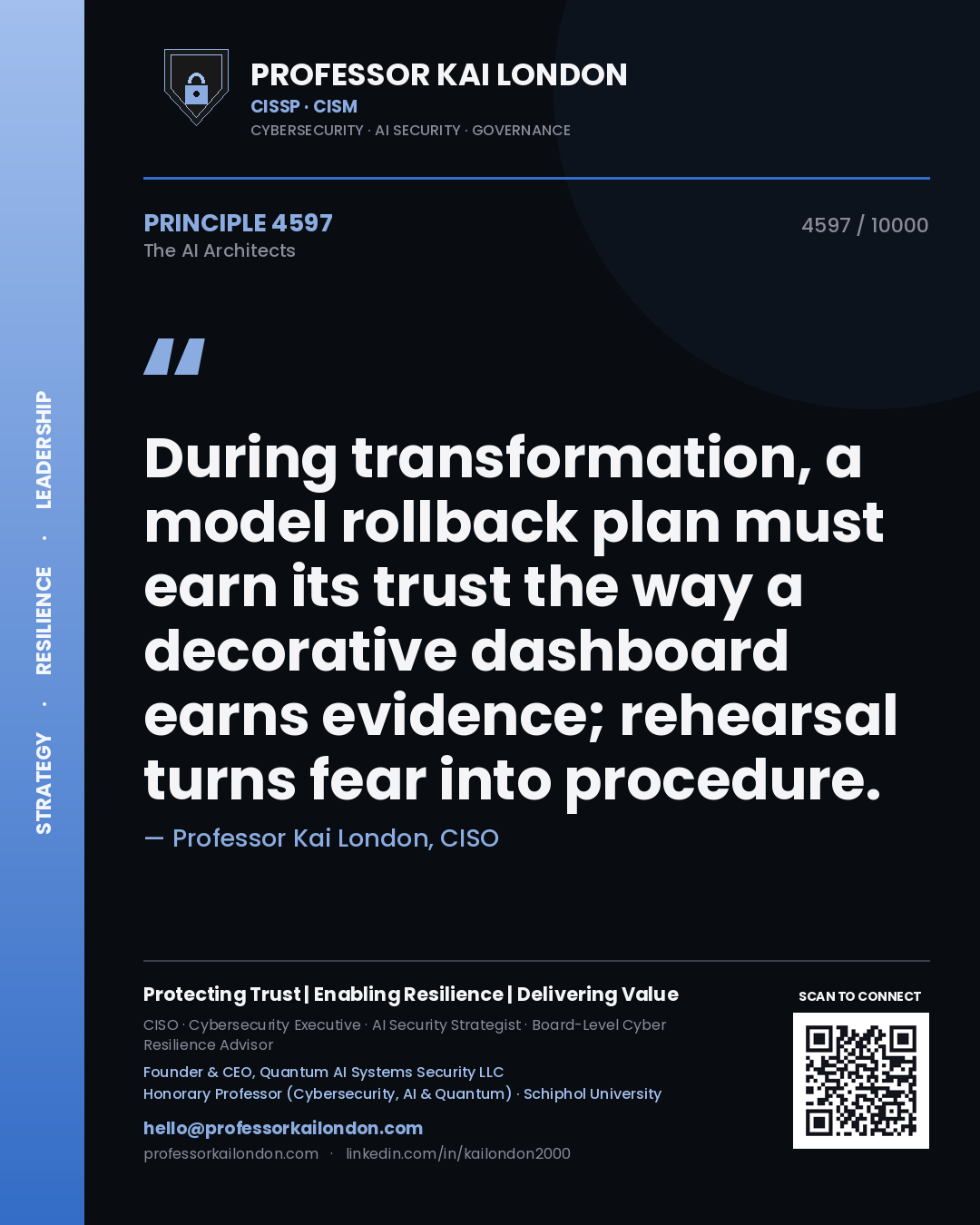 Quote card by Professor Kai London reading 'During transformation, a model rollback plan must earn its trust the way a decorative dashboard earns evidence; rehearsal turns fear into procedure.'. From the book The AI Architects.