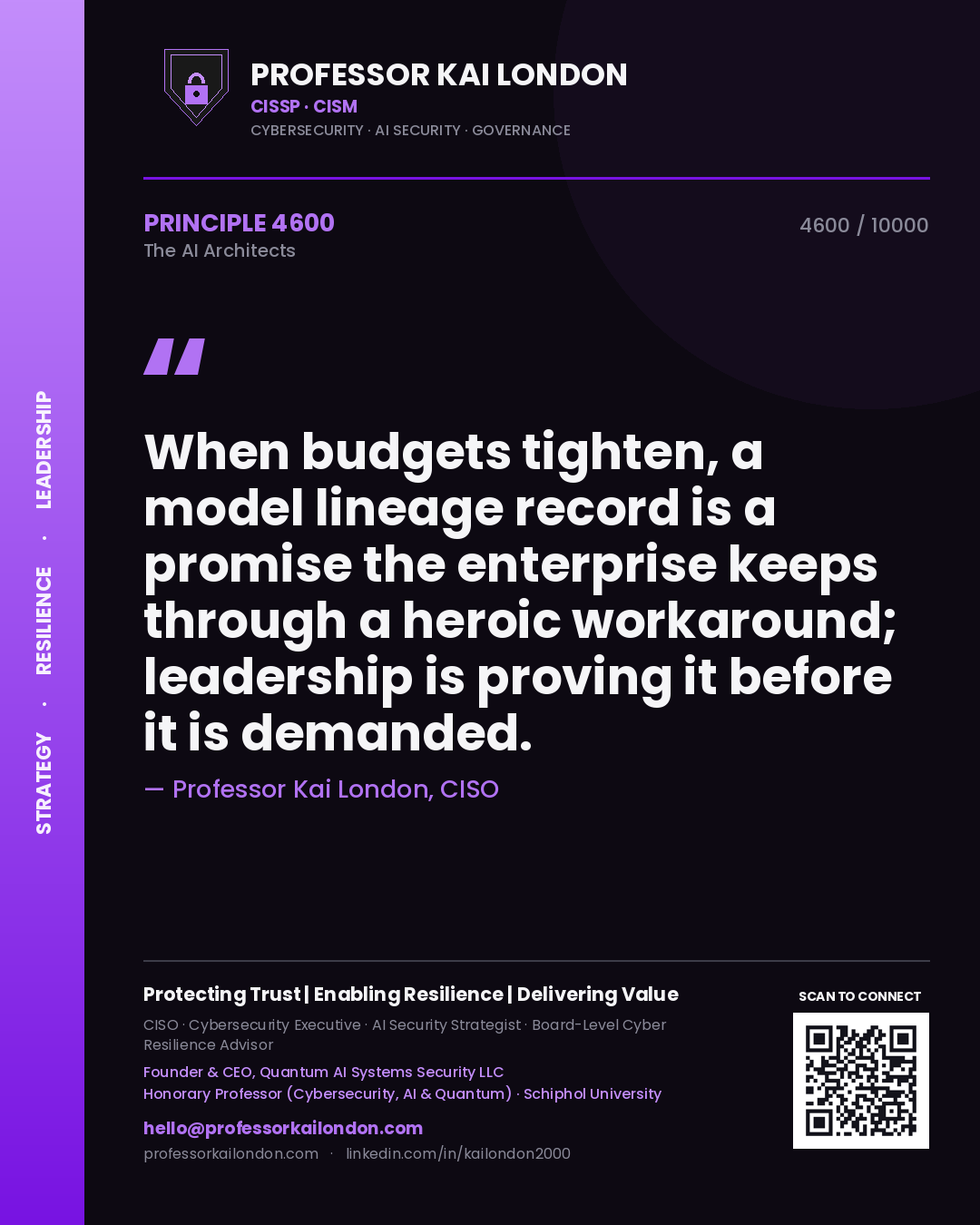 Quote card by Professor Kai London reading 'When budgets tighten, a model lineage record is a promise the enterprise keeps through a heroic workaround; leadership is proving it before it is demanded.'. From the book The AI Architects.