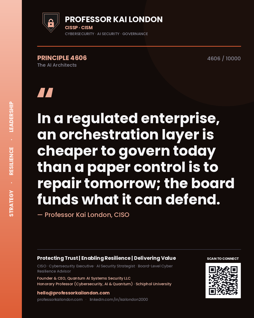 Quote card by Professor Kai London reading 'In a regulated enterprise, an orchestration layer is cheaper to govern today than a paper control is to repair tomorrow; the board funds what it can defend.'. From the book The AI Architects.