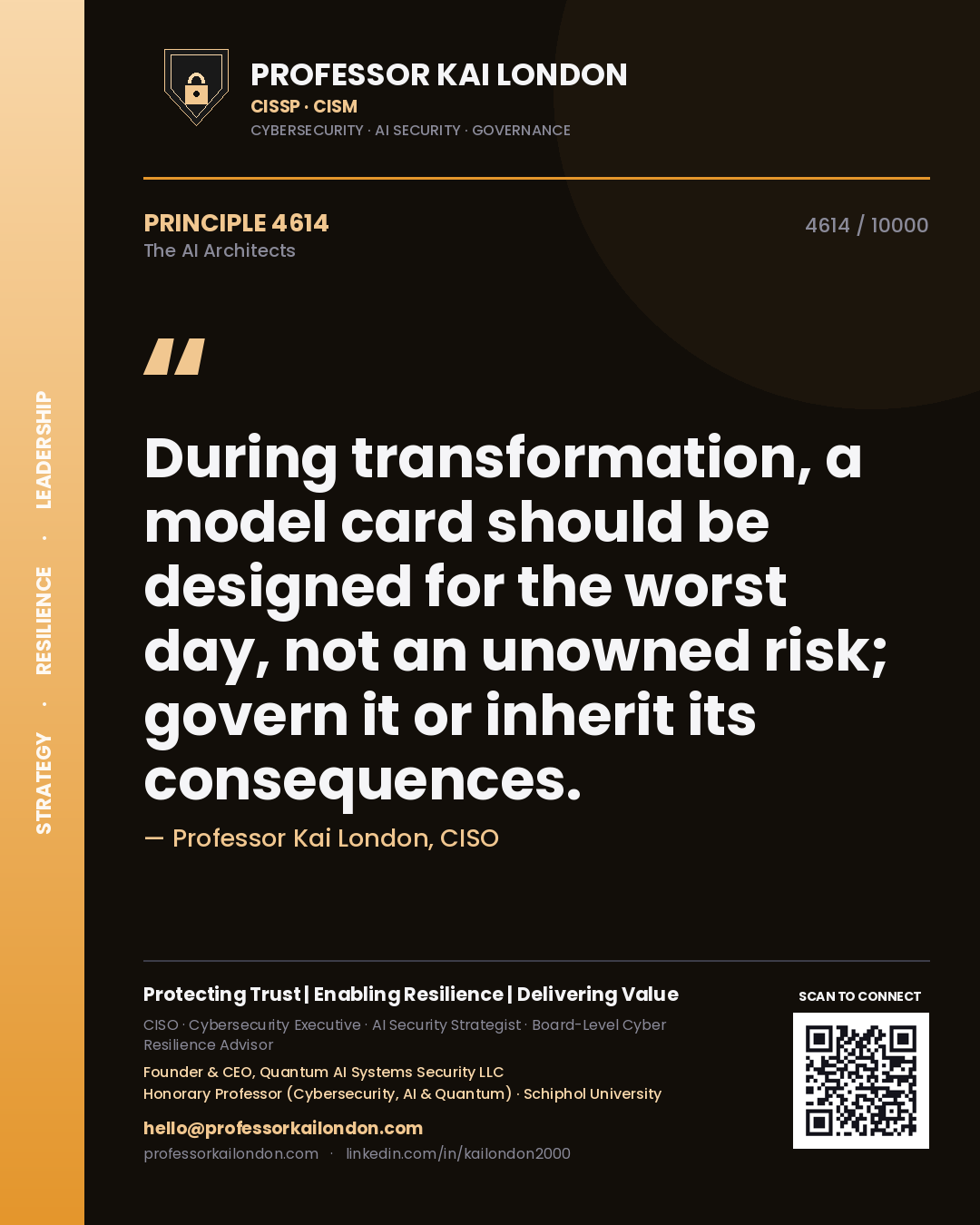 Professor Kai London principle 4614: During transformation, a model card should be designed for the worst day, not an unowned risk; govern it or inherit its consequences.